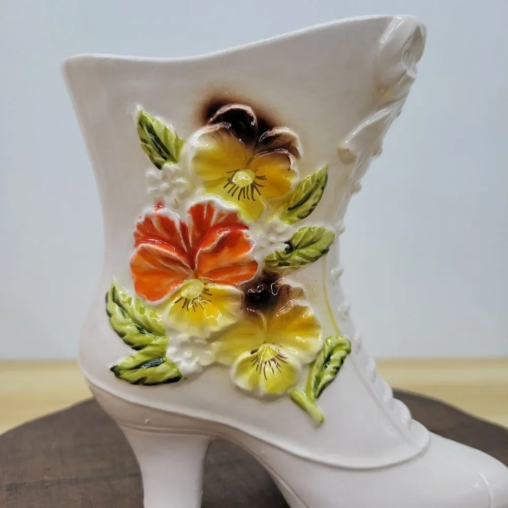 Vintage 1960's Napco Ivory Boot Vase Victorian Style Yellow & Orange Floral Vase